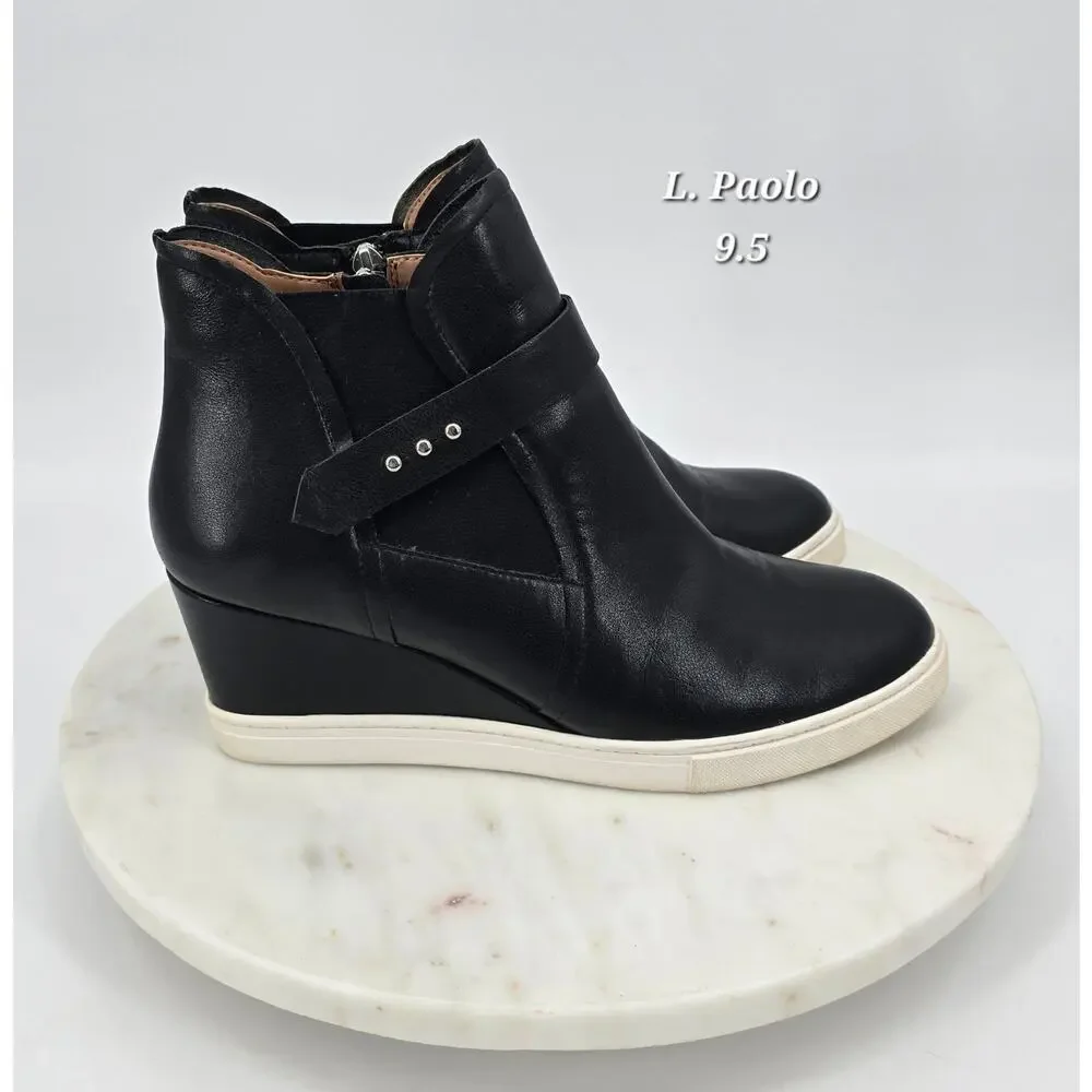 Linea Paolo Minimalist Black‎ Genuine Leather Wedge Sneaker Booties Women’s 9.5